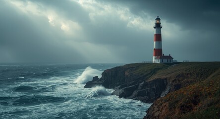Fototapeta premium Lighthouse near Atlantic Ocean with hurricane waves white foam autumn storm and cloudy sky climate change copy space