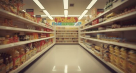Fototapeta premium 3D portrayal of a blurred empty aisle with multiple shelves in a minimarket using a warm vintage overlay