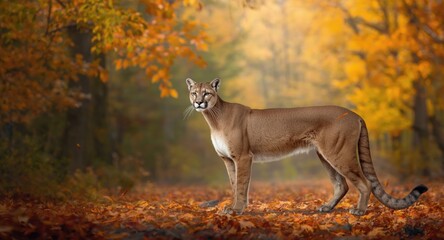 Obraz premium Elegant cougar in full length view on crisp autumn day celebrating wild habitat