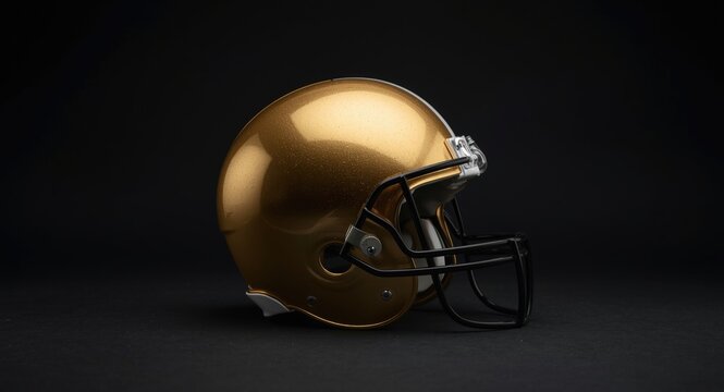 Golden football helmet standing out on a stark dark studio background