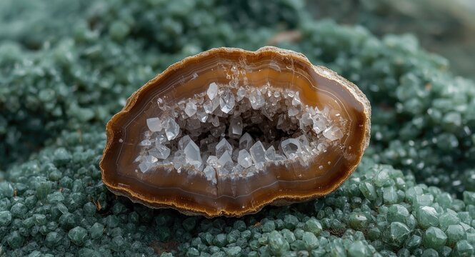 High resolution image of agate geode in green rhyolite natural matrix