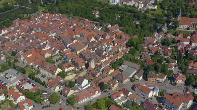 Aerial view of the old town above the city of Marbach in south Germany, on a sunny spring day.