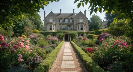 Obraz premium Beautiful estate framed by a lively garden of flowers tailored for alfresco events
