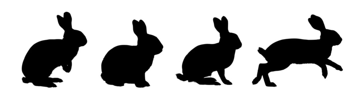 Rabbit silhouettes, black hare shapes set, vector illustration