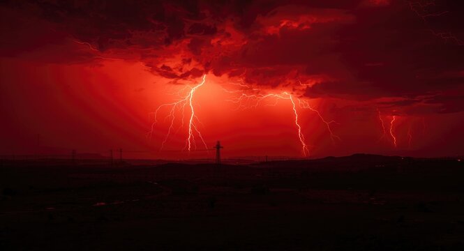 Mystical hellscape under a blood red sky filled with flashing lightning and dark shadows