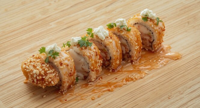 Artistic presentation of deconstructed sushi with imitation crab and creamy sriracha mayo on light wood