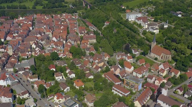 Aerial view of the old town above the city of Marbach in south Germany, on a sunny spring day.