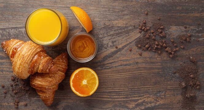 Coffee orange juice and croissants with jam arranged on textured wooden background from above
