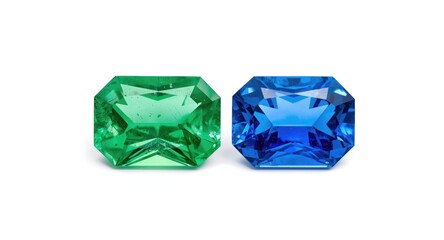 Fototapeta premium Green emerald and blue sapphire precious stones isolated on a bright white background
