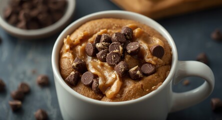 Fototapeta premium Homemade classic mug cake combining peanut butter and chocolate chip flavors