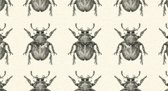 Intricate hand drawn horizontal beetle pattern for textile printing