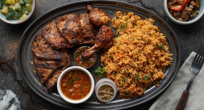 Mandhi rice rich in spices served alongside grilled chicken, chili sauce, and preserved pickled accompaniments