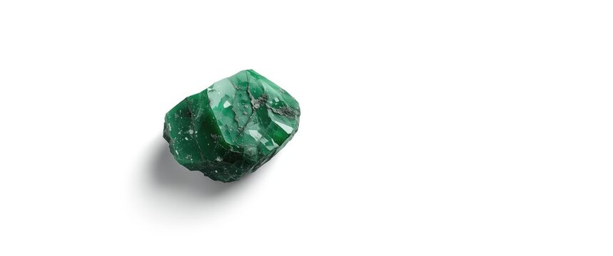 Green nephrite rock fragment lying on a bright white minimal background