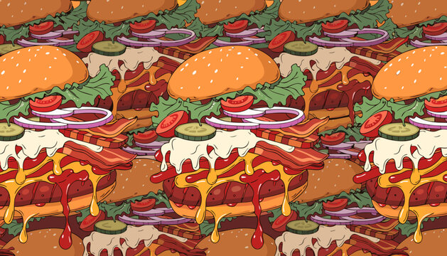 patron de hamburguesas con ingredientes flotantes