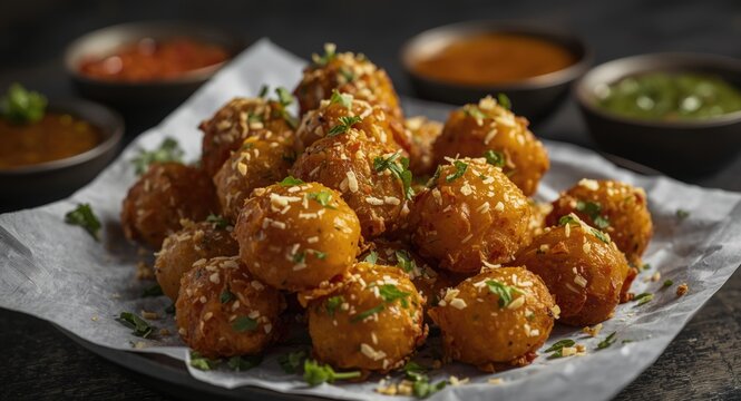 Indian chaat papri snack presented with tangy tamarind and mint chutneys
