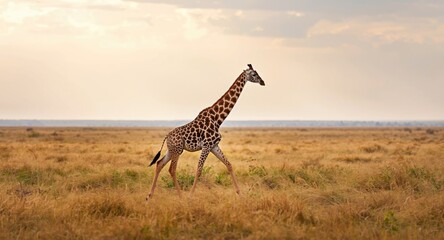 Fototapeta premium Full body view of a giraffe walking across an African plain