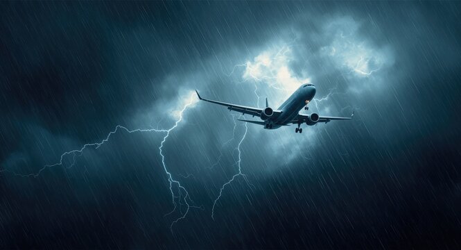Airliner penetrating a turbulent thunderstorm filled with lightning strikes and heavy rainfall