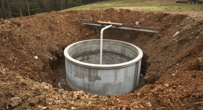 Primary sewage treatment process showcased with concrete septic tank outdoors