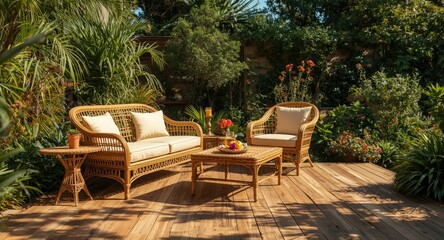 Obraz premium Wooden deck in a bright garden with a rattan sofa chair and matching patio table