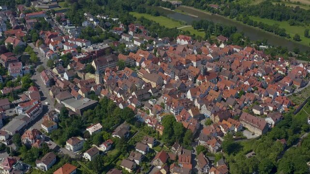 Aerial view of the old town above the city of Marbach in south Germany, on a sunny spring day.