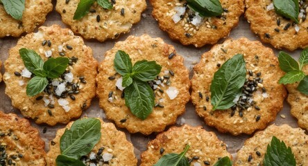Fototapeta premium Flavorful crackers topped with fresh herb leaves sesame seeds poppy seeds and salt flakes