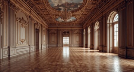 Obraz premium Luxuriously spacious hall highlighted by antique baroque elements and ornate parquet floor