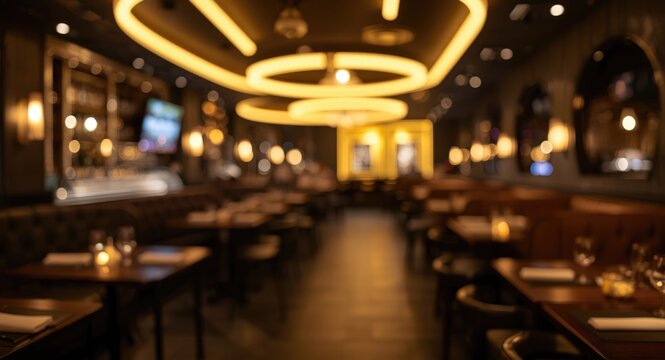 Blurred luxury eating and drinking space with glowing yellow and neon white lights