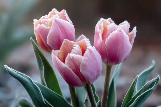 Frozen tulips in a winter garden, frost on petals, pale light