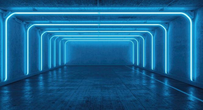 Garage interior featuring alien like neon tubes with blue and white light