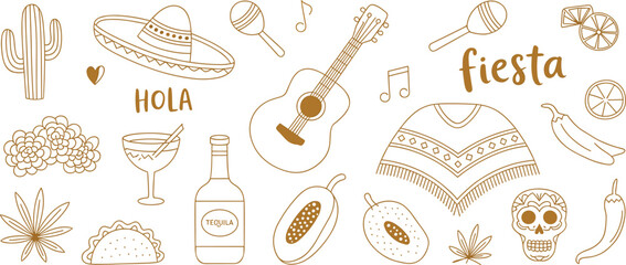Golden Mexican Fiesta Doodle Elements with Sombrero, Guitar, and Tequila Keywords: mexican, fiesta, hola, sombrero, guitar © MdZabed