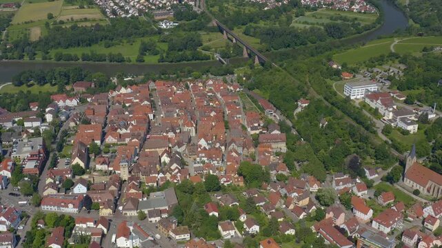 Aerial view of the old town above the city of Marbach in south Germany, on a sunny spring day.