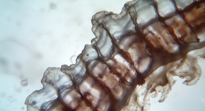 Focused microscopic image showing tapeworm segment with detailed anatomical features for teaching