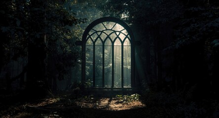 Fototapeta premium Light and shadows playing through a giant arch window in an enchanted dark forest