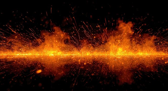Powerful fiery sparks and intense flames on a dark reflective background