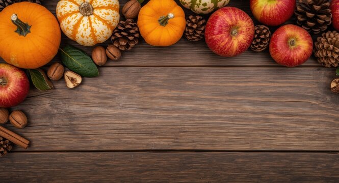 Harvest season decoration of pumpkins apples nuts cones and cinnamon on wooden plank background