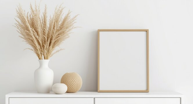 Contemporary living room shelf display with white surface, straw ornaments and natural dried sheaf in vase