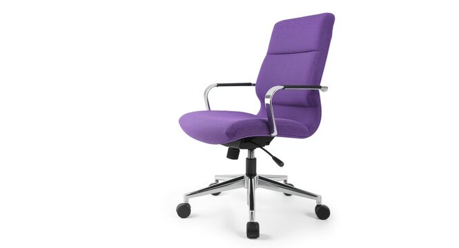 Purple fabric cushioned office chair with smooth caster wheels against white