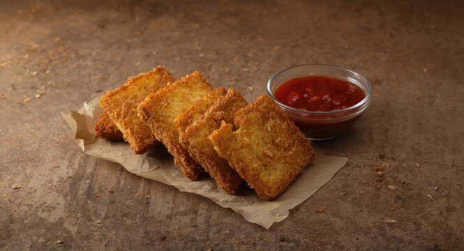 Golden fried tahu sumedang snack paired with flavorful sauce on textured tabletop with copy space