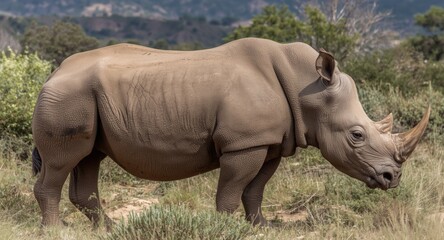 Fototapeta premium Impressive full length view of a rhino exhibiting strong features within its authentic wild environment
