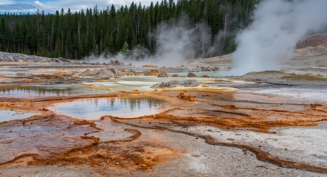 Natural geothermal springs with volcanic fumaroles emitting steam