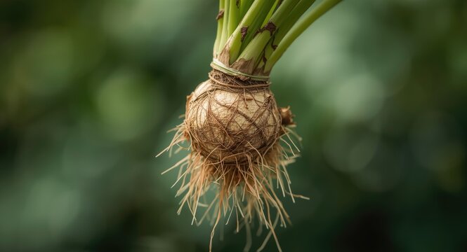 Macro image of cendol root plant in front of a softly blurred green backdrop