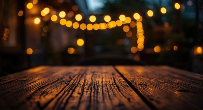 Inviting outdoor dining with a textured wooden table and warm glowing bokeh lights