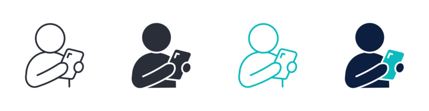 Person holding smartphone icon set, mobile app usage, online communication and digital interaction, outline and solid style. Vector illustration.