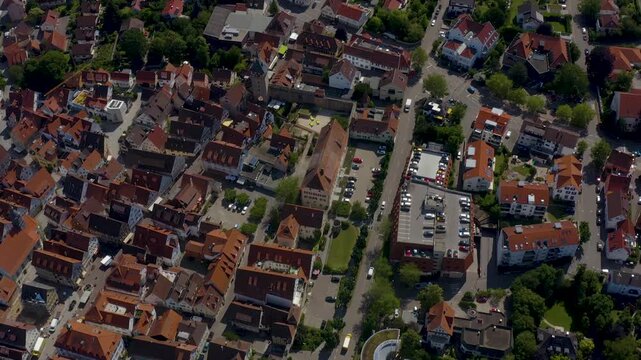 Aerial view of the old town above the city of Marbach in south Germany, on a sunny spring day.