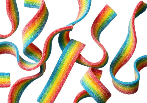 Photorealistic macro shot of sugary, coiled gummy rainbow candy ribbons with distinct red, orange, yellow, green, blue, and purple stripes, temptation and indulgence concept