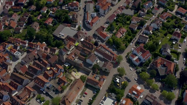 Aerial view of the old town above the city of Marbach in south Germany, on a sunny spring day.