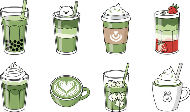 Matcha drinks vector set with latte bubble tea and iced beverages. Cute green tea illustrations for cafe menu, healthy lifestyle and modern drink branding.