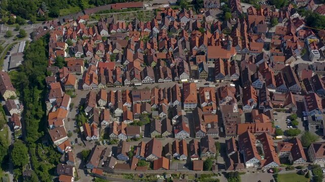 Aerial view of the old town above the city of Marbach in south Germany, on a sunny spring day.