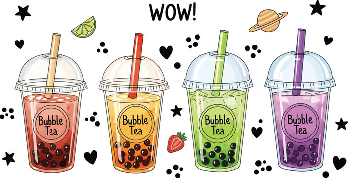 Colorful bubble tea vector set with tapioca pearls and cute doodles. Trendy boba drinks in plastic cups. Perfect for cafe menu, stickers and modern beverage design.
