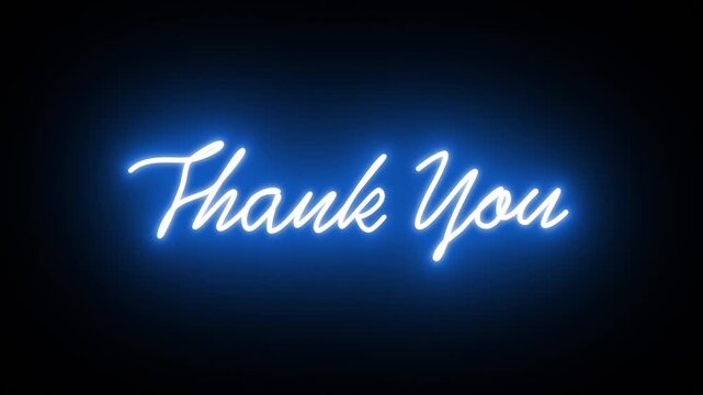 Blue Neon 'Thank You' Script Sign Glowing On Dark Background For Appreciation And Gratitude